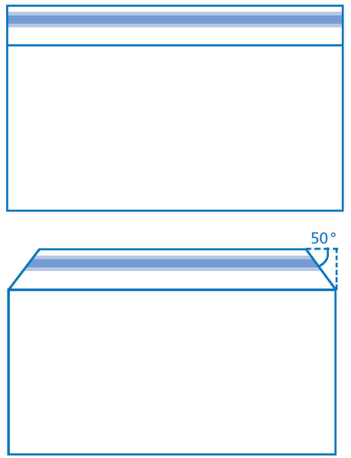 Briefhülle (Querformat) mit Klappe (rechteckig/oben bzw. angeschrägte Ecken/unten), Falznut und Adhäsionsverschluss